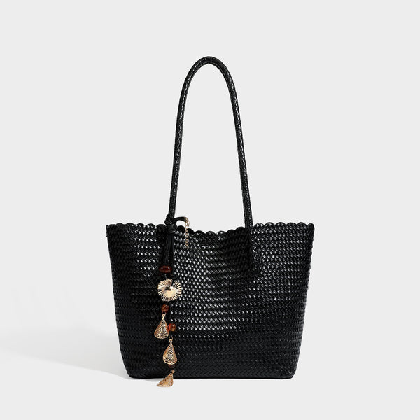 Large open-top woven leather-look tote bag in dark brown with scalloped edge, braided double shoulder straps, and decorative
