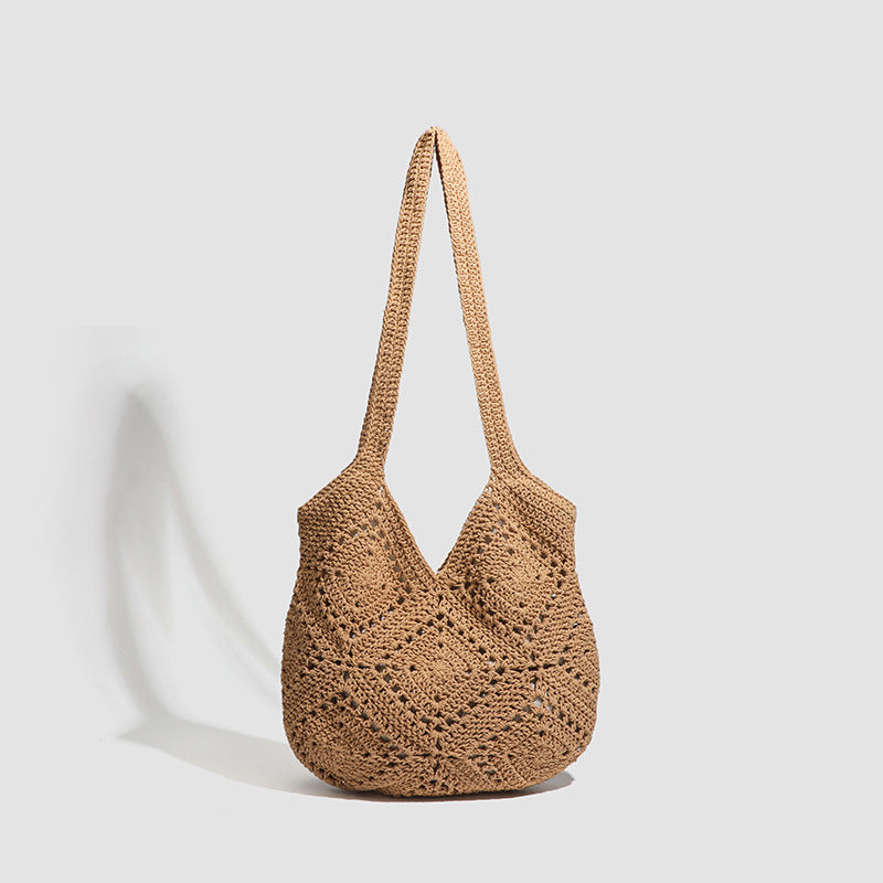 Gehäkelte, gewebte Schultertasche im Shopper-Stil mit offenem Webmuster, Stofffutter und langen Schulterriemen, Detailansicht 7