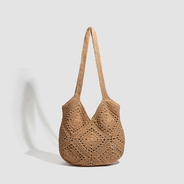 Gehäkelte, gewebte Schultertasche im Shopper-Stil mit offenem Webmuster, Stofffutter und langen Schulterriemen, Detailansicht 7