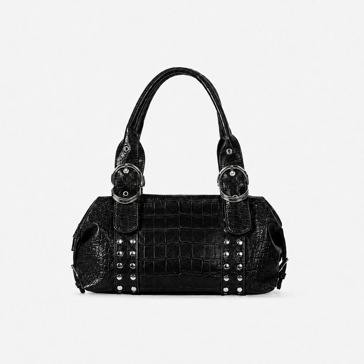 Croc-embossed leather-look barrel satchel bag with silver ring buckle hardware and stud panel trim, detail view 7
