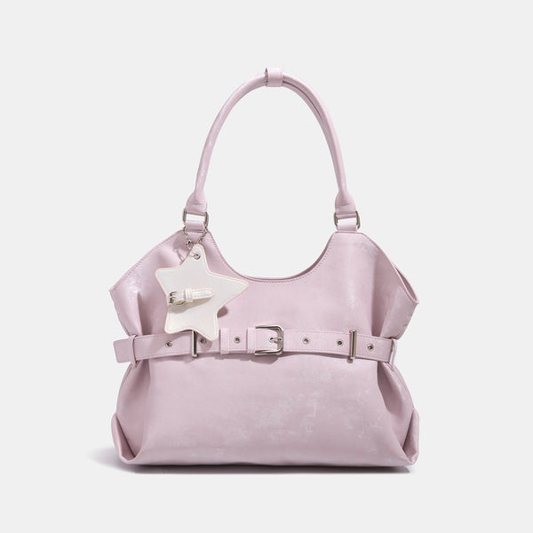 Large soft hobo shoulder bag with glossy textured finish, decorative belt buckle, star charm, and silver-tone hardware, front