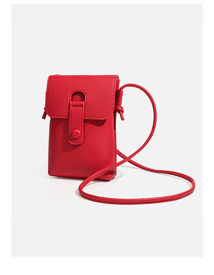 Kleine vertikale rechteckige Crossbody-Handytasche mit genarbter Lederoptik, abgerundetem Überschlag, Druckknopfverschluss mit Lasche und