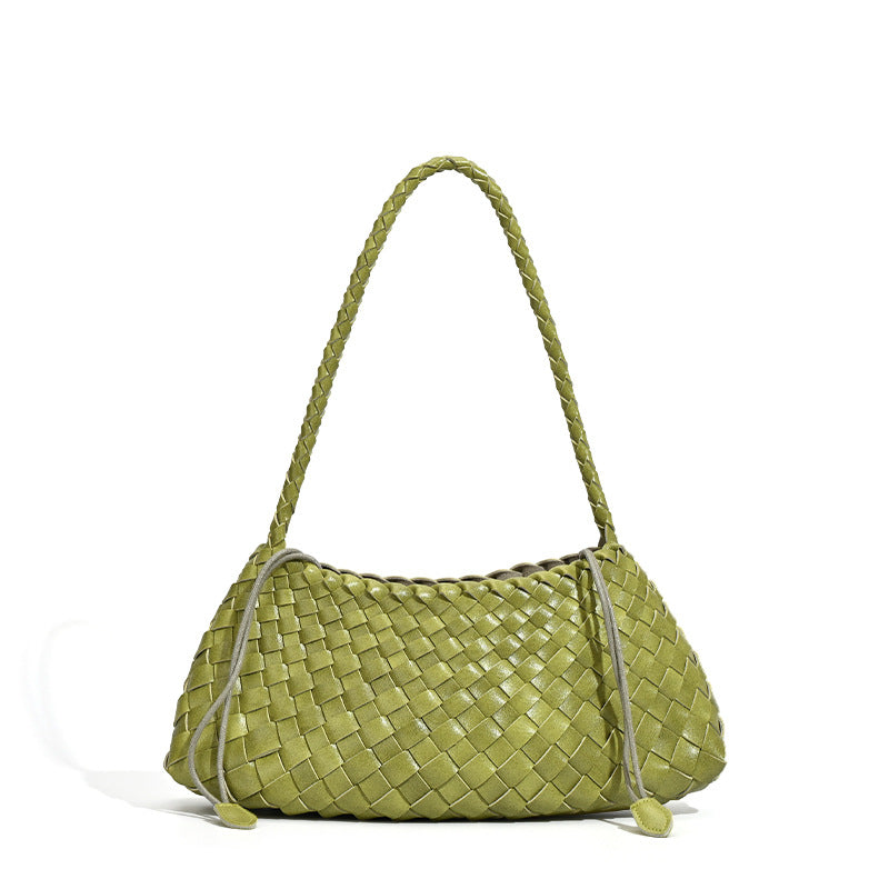 Soft woven shoulder bag with braided strap and drawstring top in olive green, detail view 5