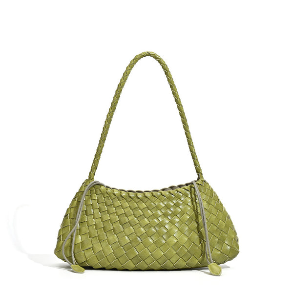 Soft woven shoulder bag with braided strap and drawstring top in olive green, detail view 5