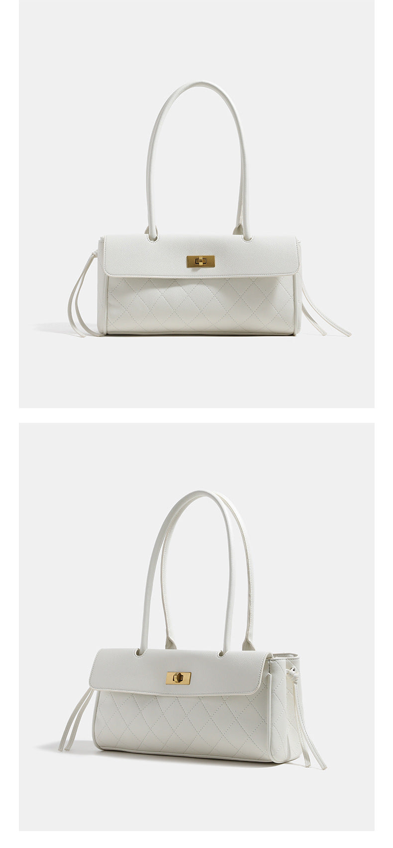 Structured quilted diamond-stitch baguette handbag with gold-tone turn-lock closure and dual top handles, detail view 9