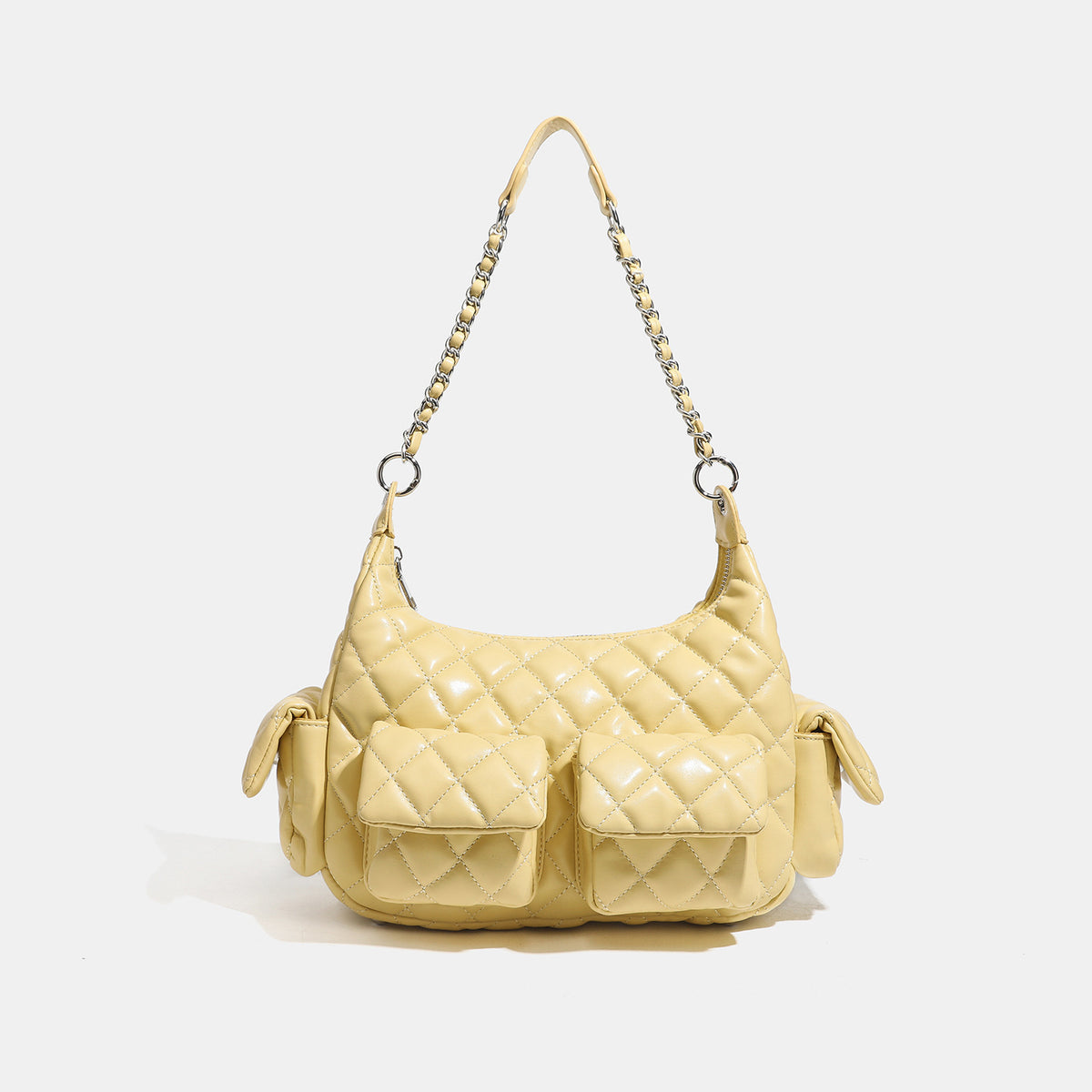 Off-white quilted leather-look hobo shoulder bag with diamond stitching, chain-and-strap handle, two front flap pockets