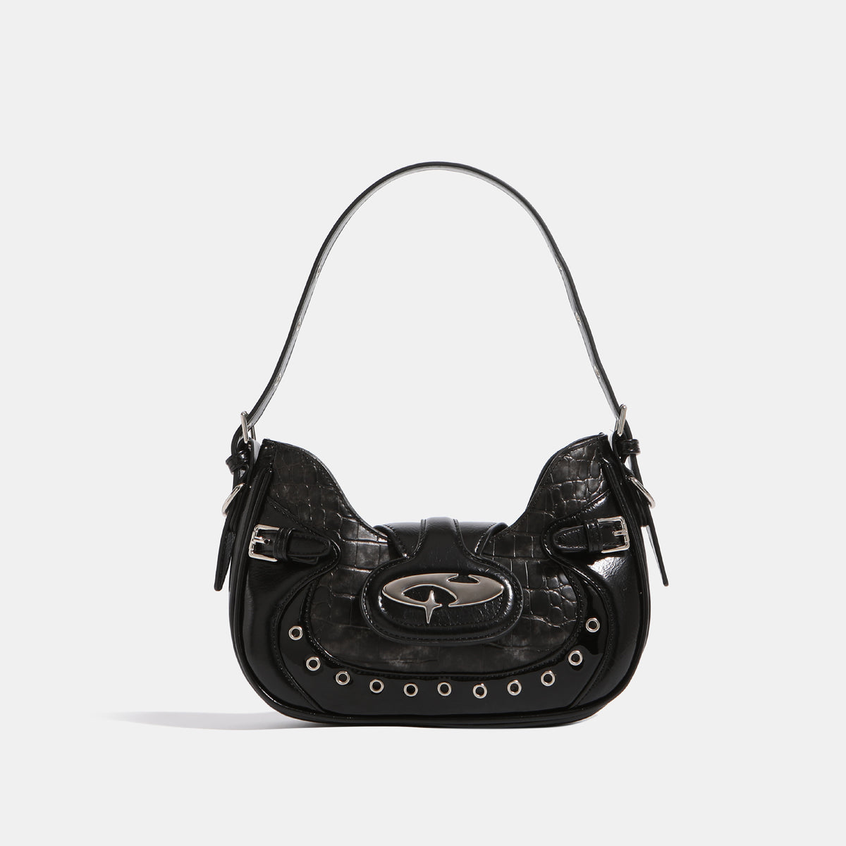 Croc-embossed leather-look shoulder bag with metallic stud trim and four-point star turn-lock hardware, detail view 6