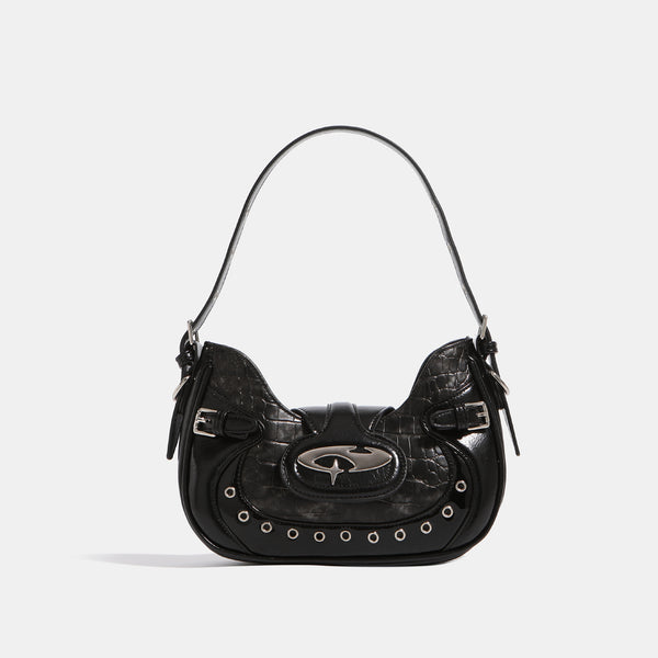 Croc-embossed leather-look shoulder bag with metallic stud trim and four-point star turn-lock hardware, detail view 6