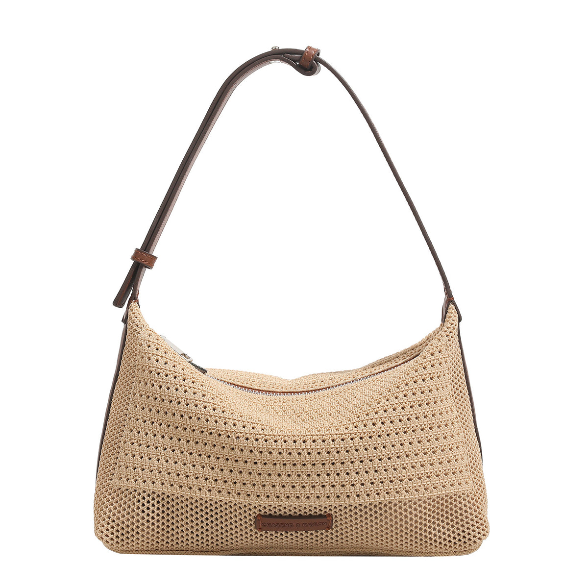 Woven crescent hobo shoulder bag with adjustable leather-look strap and top zip closure, detail view 5