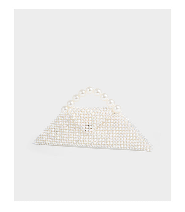 Small structured triangle clutch bag covered in glossy pearl beads with an arched pearl top handle and silver snap closure
