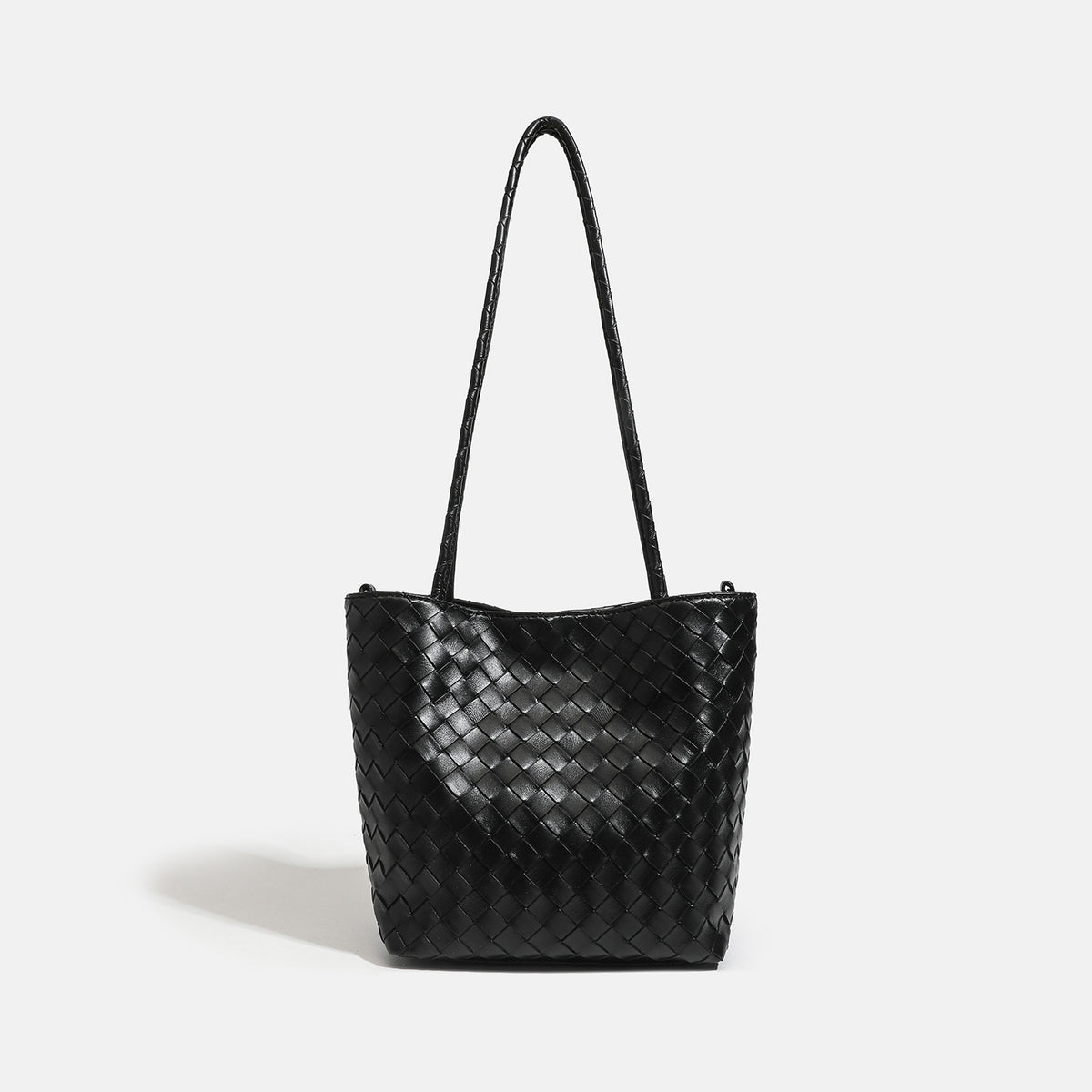 Glossy basket-weave leather-look shoulder tote bag with long braided straps and open top, front view