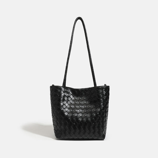 Glossy basket-weave leather-look shoulder tote bag with long braided straps and open top, front view