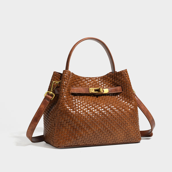 Structured woven leather-look bucket bag with gold-tone turn-lock hardware and detachable shoulder strap, detail view 8