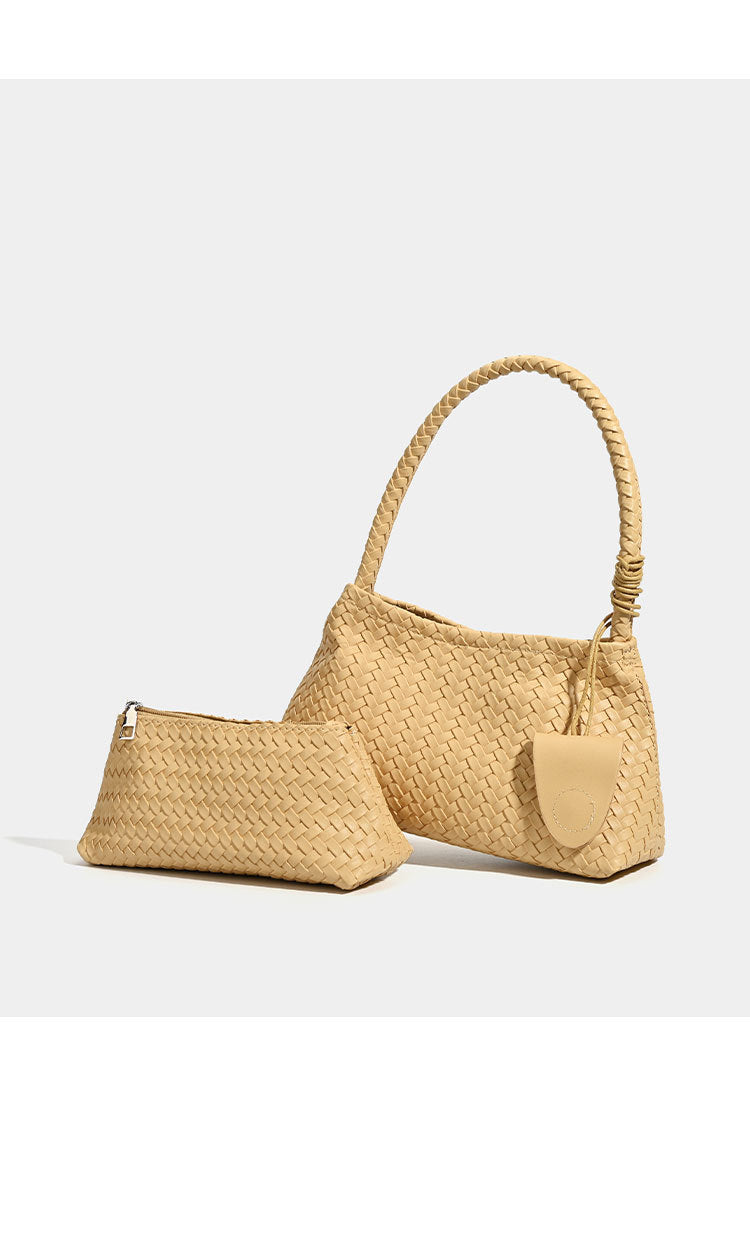Woven leather-look shoulder bag with braided strap, trapezoidal body, and matching zip pouch, detail view 15