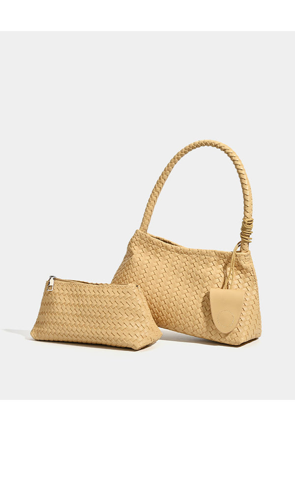 Woven leather-look shoulder bag with braided strap, trapezoidal body, and matching zip pouch, detail view 15