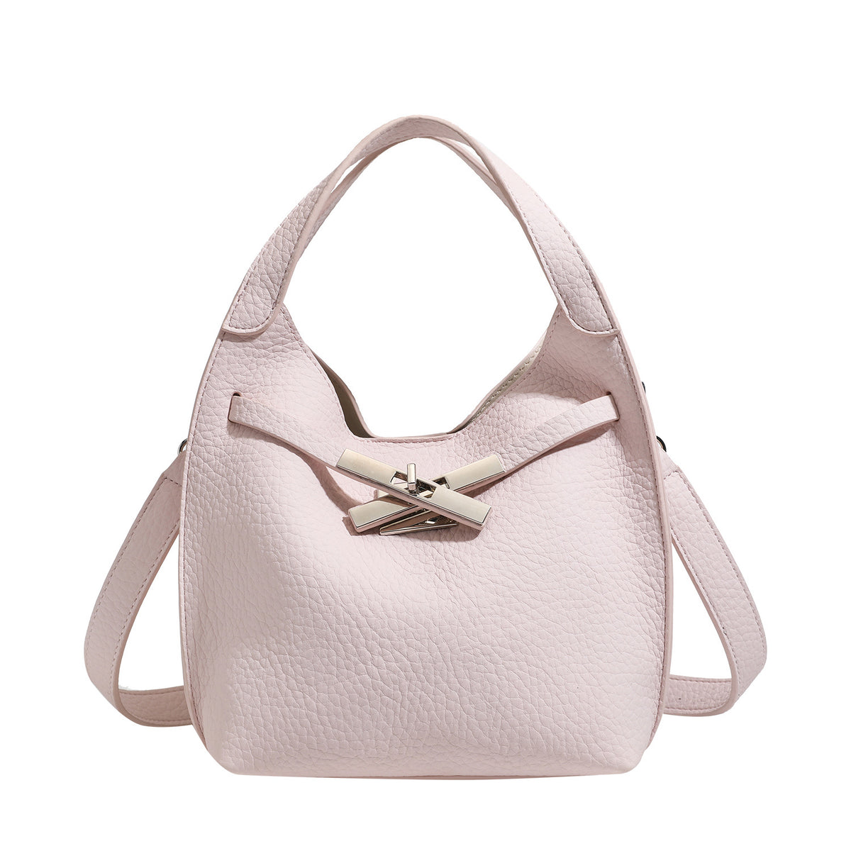 Compact pebbled leather-look shoulder bag with crossed silver-toned metal front closure, short top handle, and long, detail