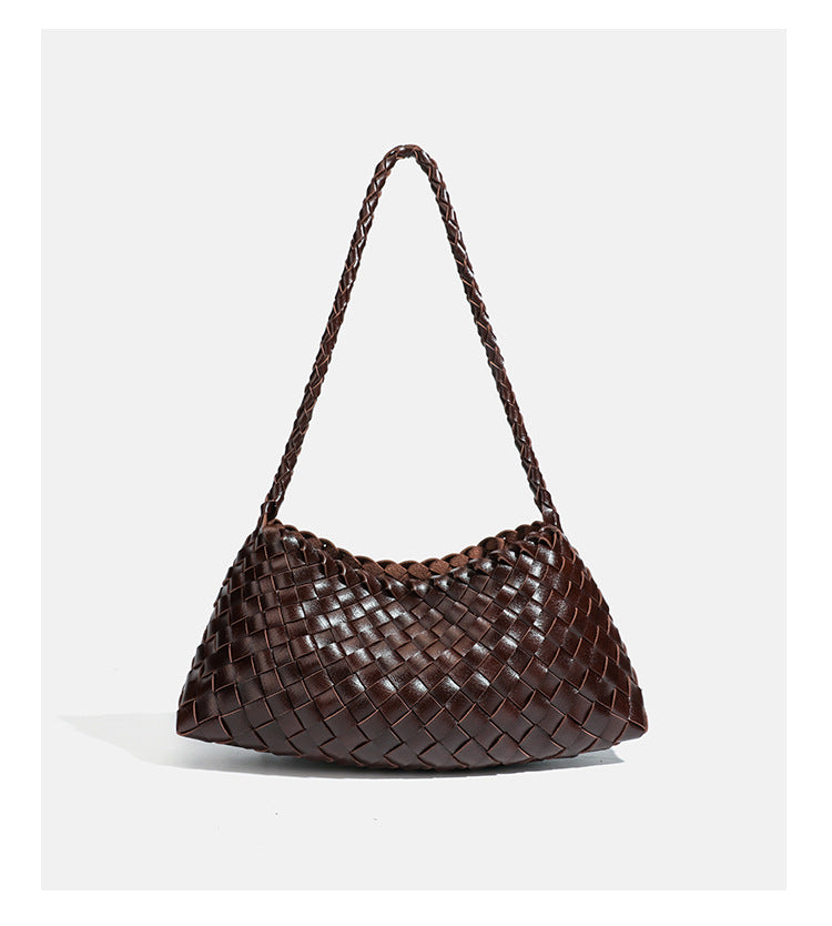 Dark brown hand-woven leather-look hobo shoulder bag with braided strap and drawstring closure, detail view 22