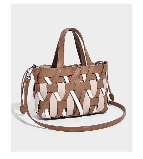 Small structured woven lattice tote bag with dual top handles and detachable shoulder strap in brown and cream leather-look