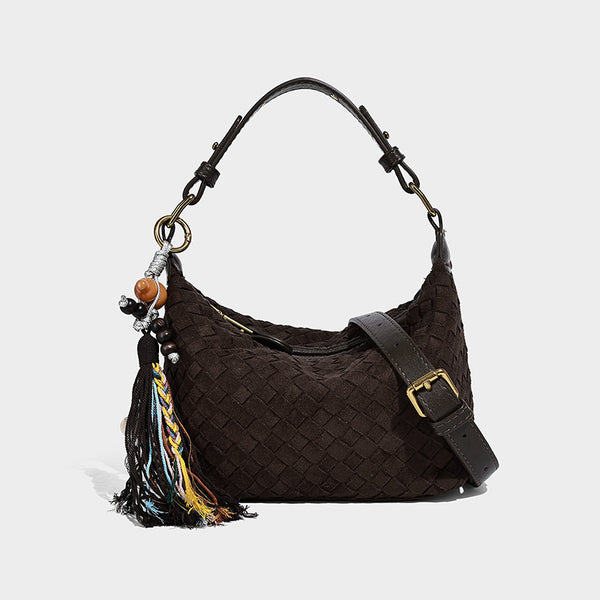 Small woven-texture crescent hobo bag in dark chocolate brown with top zip closure, gold-tone hardware, and adjustable