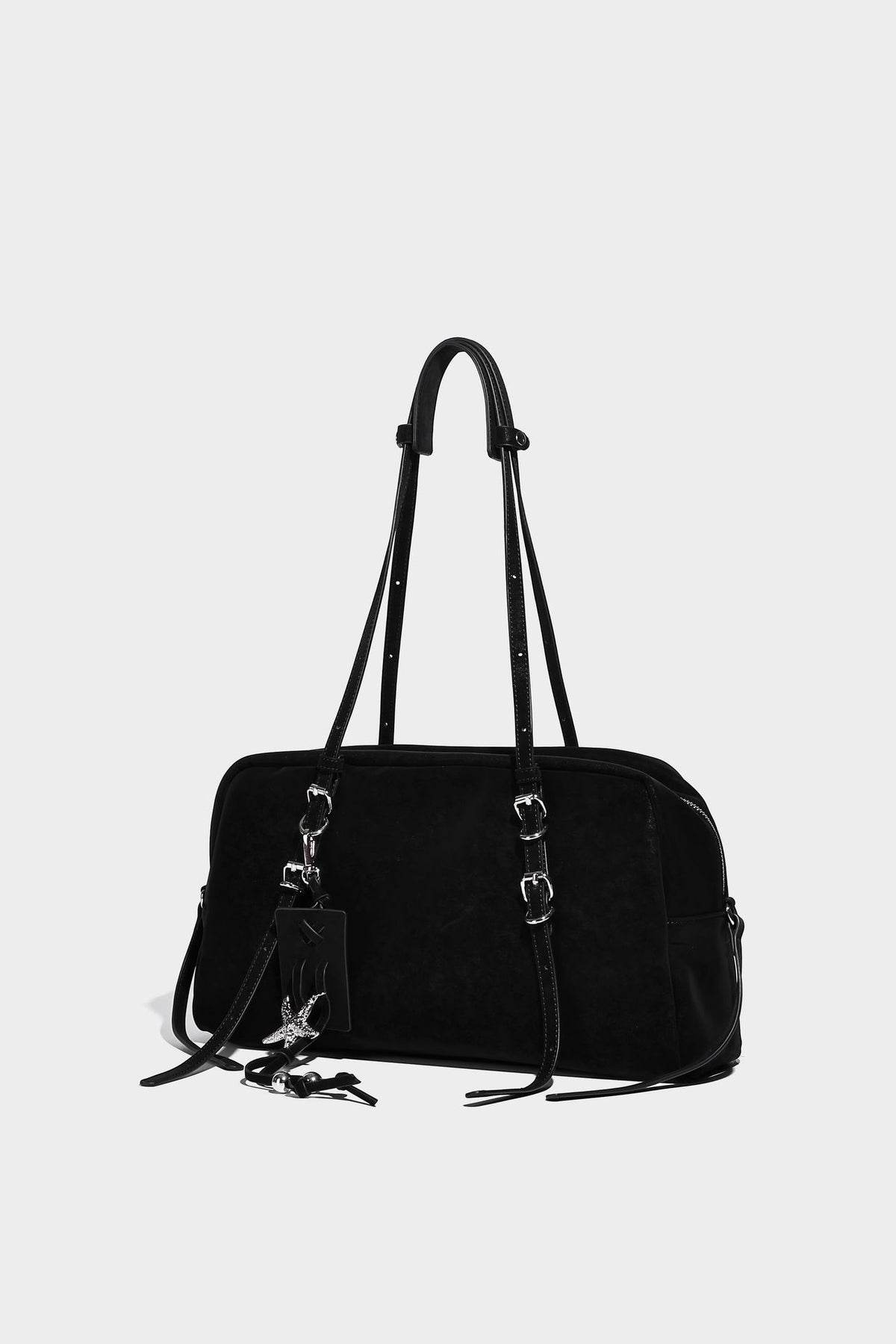 Structured rectangular matte suede-like shoulder bag with silver-tone hardware, zip closure, double top handles, and, detail
