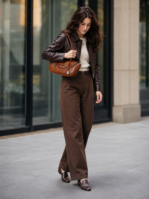 Structured leather-look flap shoulder bag with contrast stitching and silver ball charm hardware, detail view 10