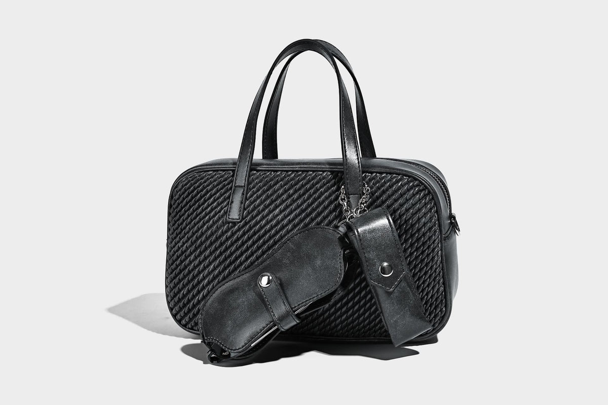 Structured woven-texture front top-handle handbag with zip closure, dual handles, detachable shoulder strap, and matching