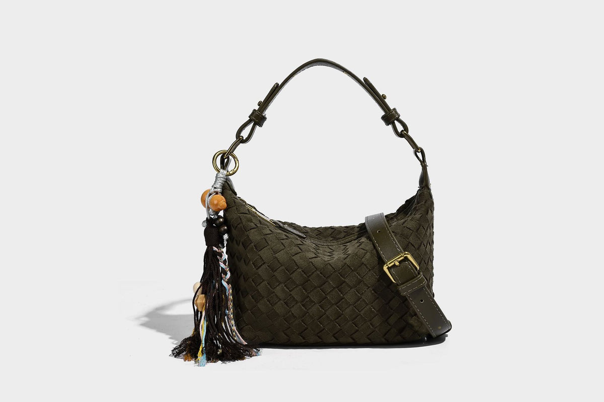 Small woven-texture crescent hobo bag in dark chocolate brown with top zip closure, gold-tone hardware, and adjustable