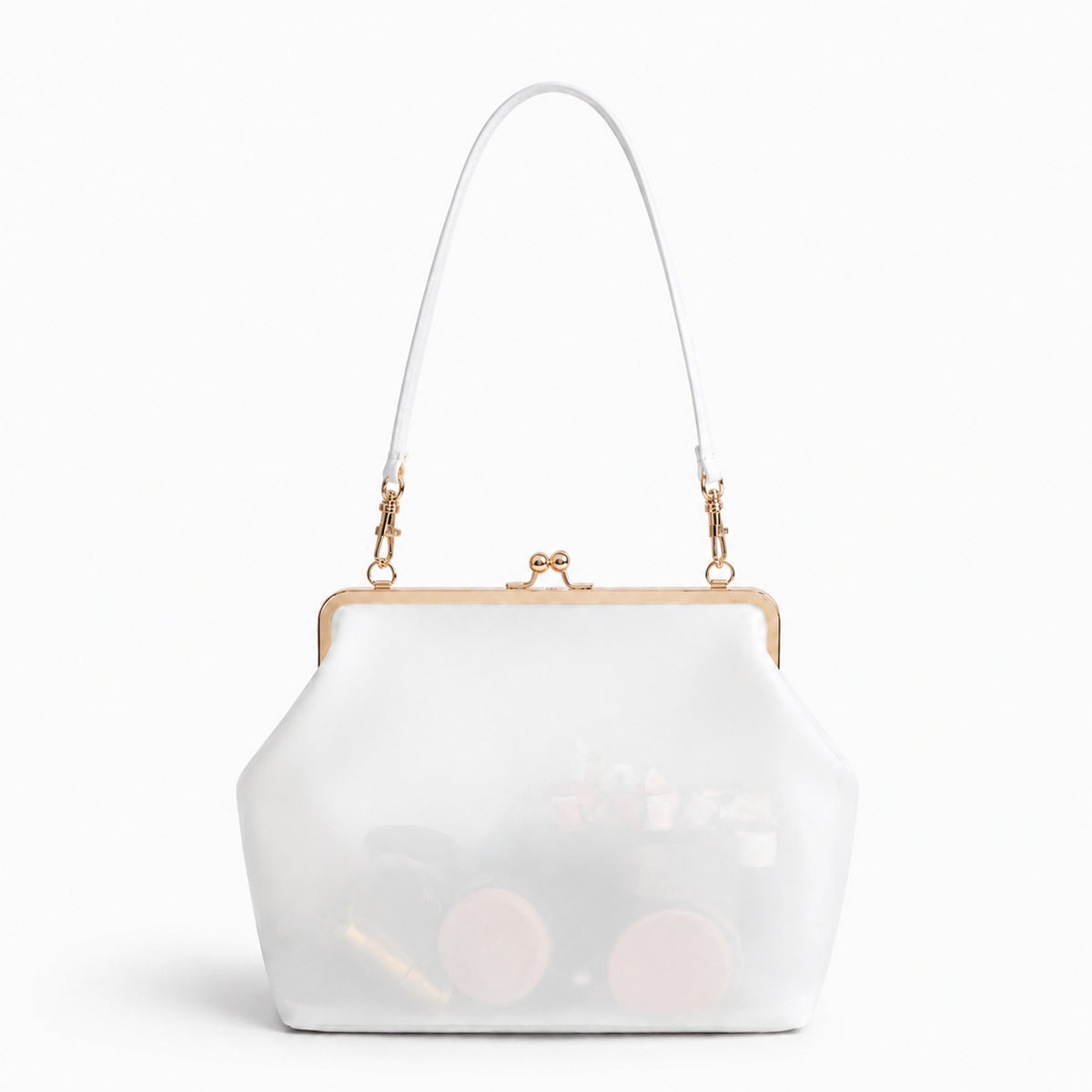 Structured translucent pastel frame-clasp shoulder bag with gold-tone hinged ball clasp and slim top handle, detail view 6