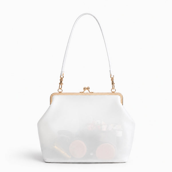 Structured translucent pastel frame-clasp shoulder bag with gold-tone hinged ball clasp and slim top handle, detail view 6
