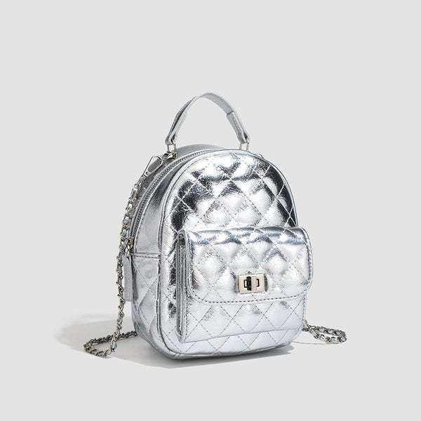Quilted leather-look backpack purse with chain strap and turn-lock front pocket, detail view 3