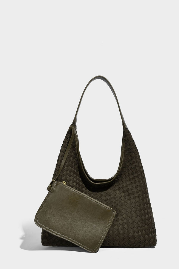Large slouchy woven hobo tote bag with curved shoulder strap and triangular silhouette, detail view 26