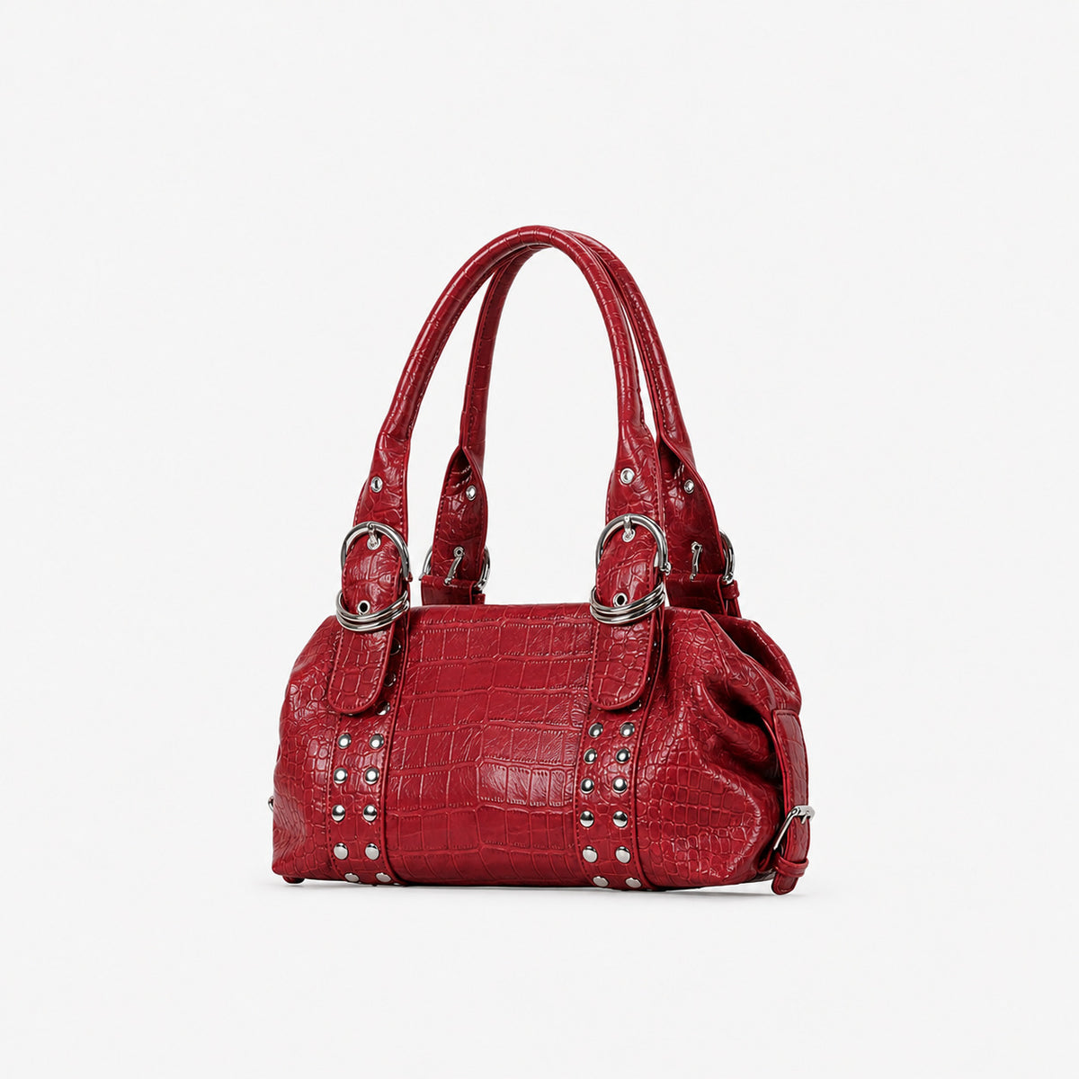 Croc-embossed leather-look barrel satchel bag with silver ring buckle hardware and stud panel trim, detail view 3