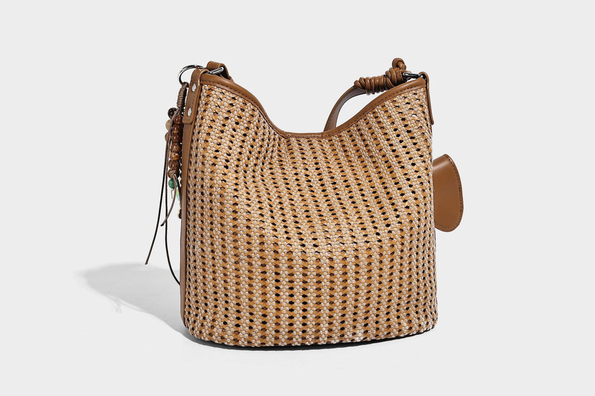 Slouchy open-weave hobo shoulder bag with leather-look trim, beaded tassel charm, and adjustable strap, detail view 23