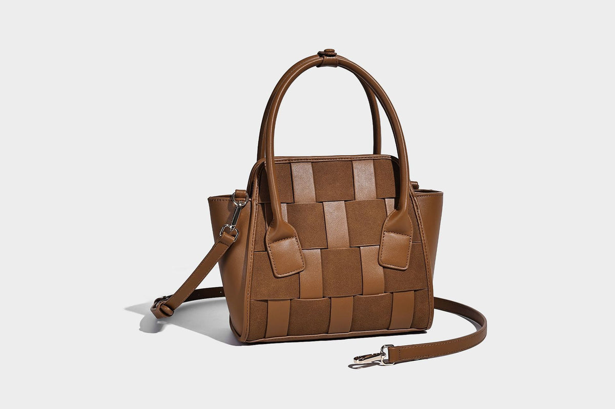 Small structured woven-panel mini tote bag with double top handles and detachable crossbody strap in matte leather-look