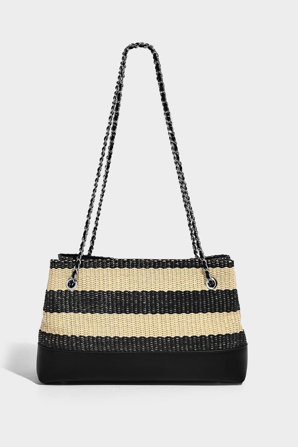 Structured black and beige striped woven shoulder bag with silver chain strap and turn-lock metal clasp, detail view 24