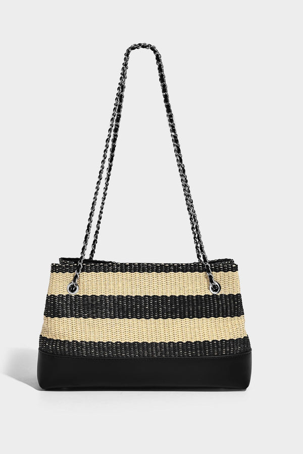 Structured black and beige striped woven shoulder bag with silver chain strap and turn-lock metal clasp, detail view 24