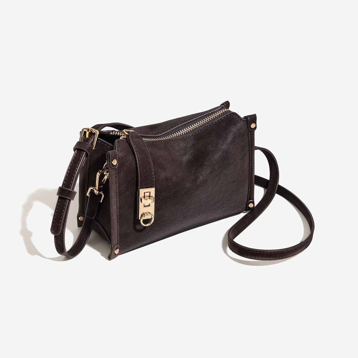 Small structured square handbag in deep dark brown matte pebbled finish with gold-tone turn-lock clasp, top zipper, corner