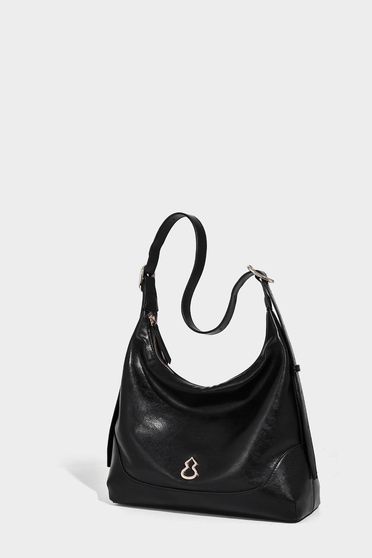 Glossy leather-look slouchy hobo shoulder bag with zip closure, gold-tone hardware, and adjustable strap, detail view 26