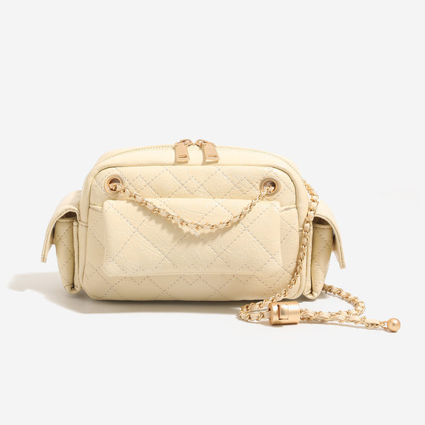 Compact quilted leather-look crossbody bag with gold-tone chain strap and double zip closure, detail view 6