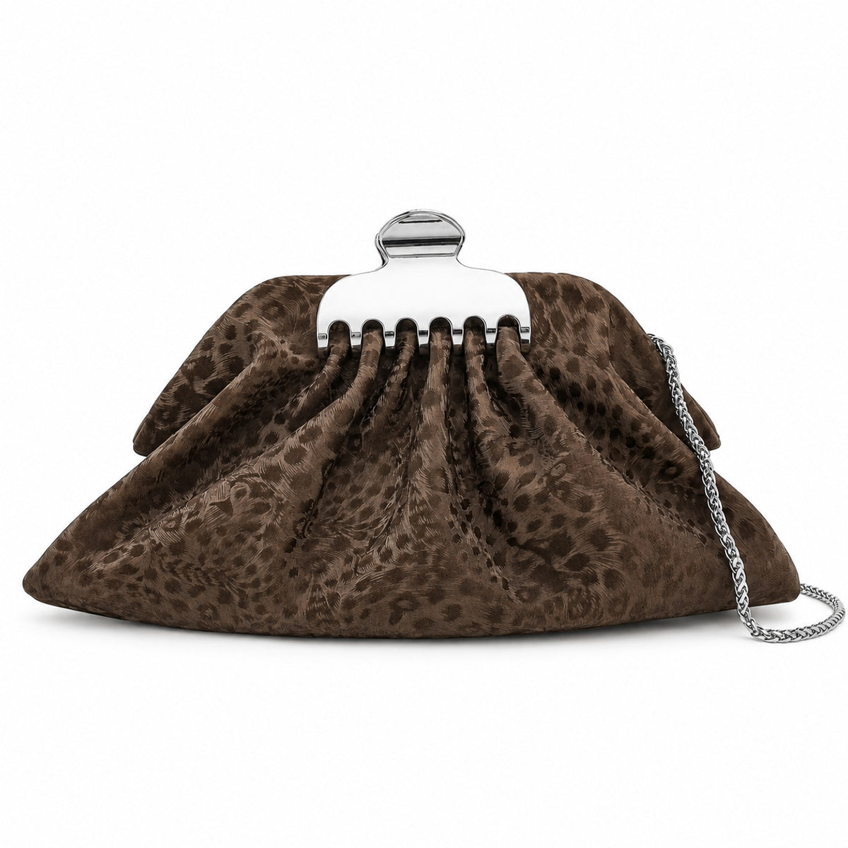 Gathered pouch clutch bag in metallic silver with polished silver-tone frame clasp and fine chain strap, detail view 10