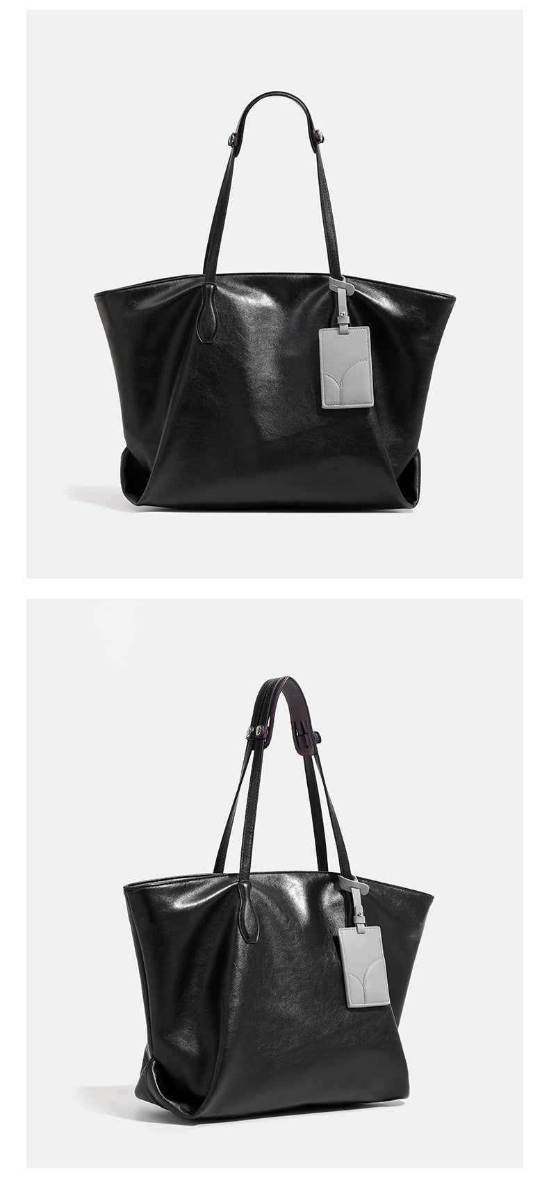 Large soft trapezoid tote bag with leather-look finish, dual shoulder straps, and gray hanging card tag, detail view 11