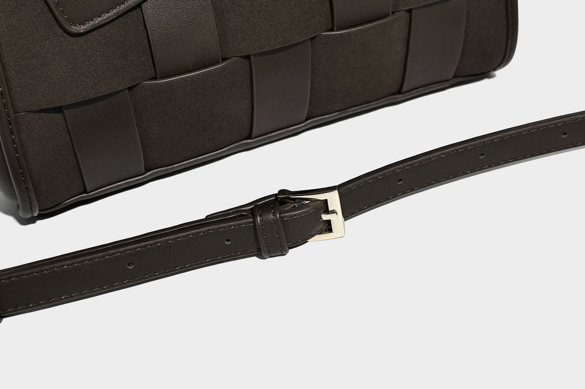 Small structured woven-panel mini tote bag with double top handles and detachable crossbody strap in matte leather-look