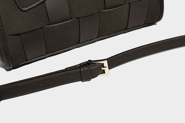 Small structured woven-panel mini tote bag with double top handles and detachable crossbody strap in matte leather-look