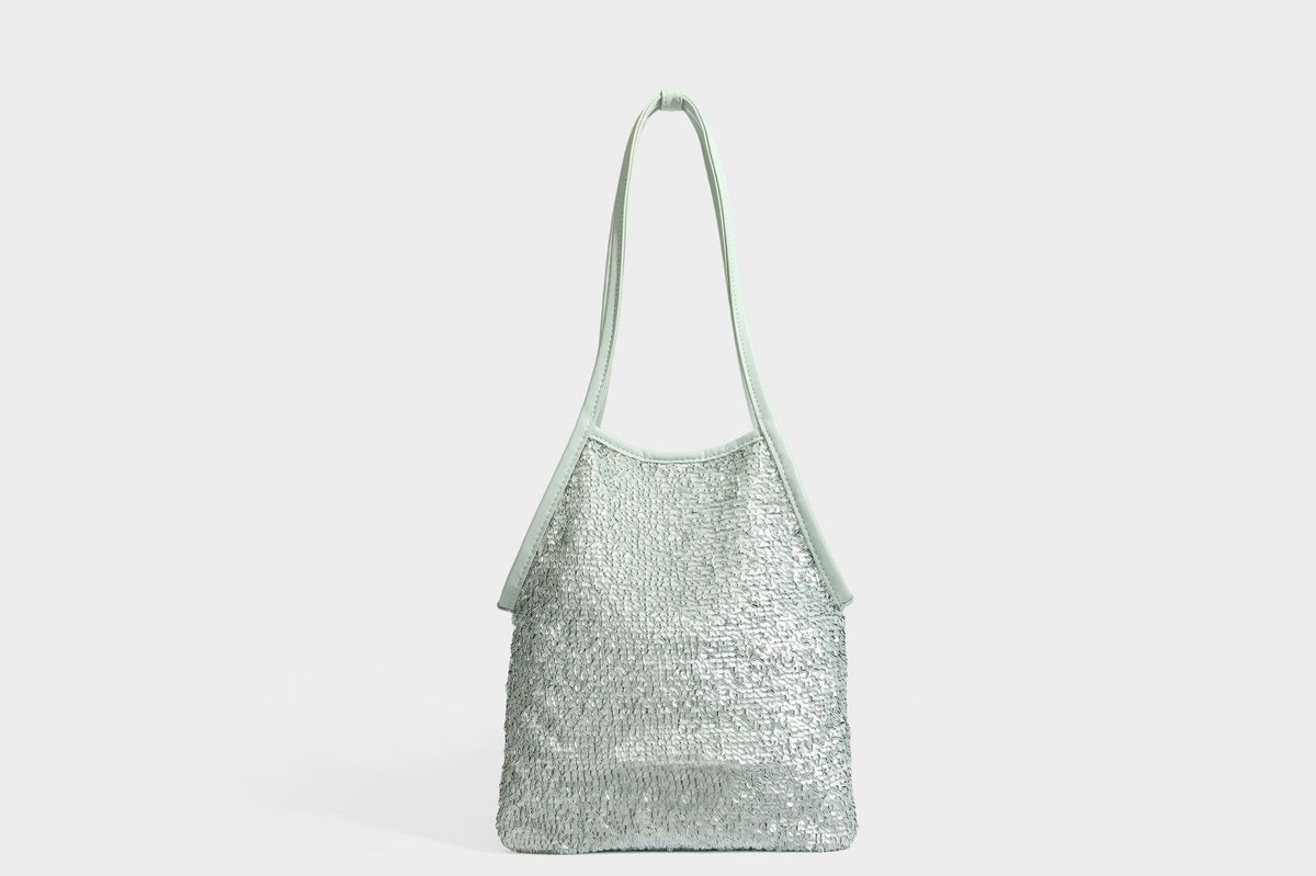 Kleine Schulter-Tote-Bag mit Pailletten, langem Metallic-Riemen und trapezförmiger Silhouette, Detailansicht 25
