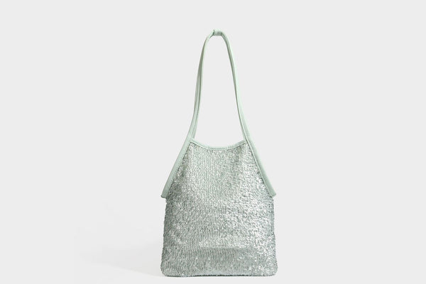 Kleine Schulter-Tote-Bag mit Pailletten, langem Metallic-Riemen und trapezförmiger Silhouette, Detailansicht 25