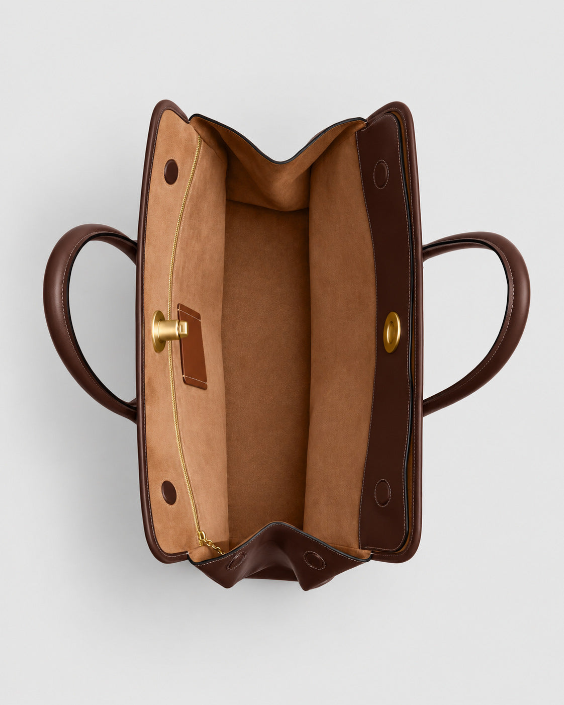 Structured leather-look tote bag with three gold-tone turn-lock closures and double rolled top handles, detail view 19