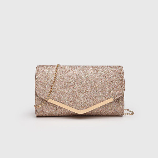 Structured glitter envelope clutch bag with gold-tone V-bar hardware and detachable chain strap, detail view 8