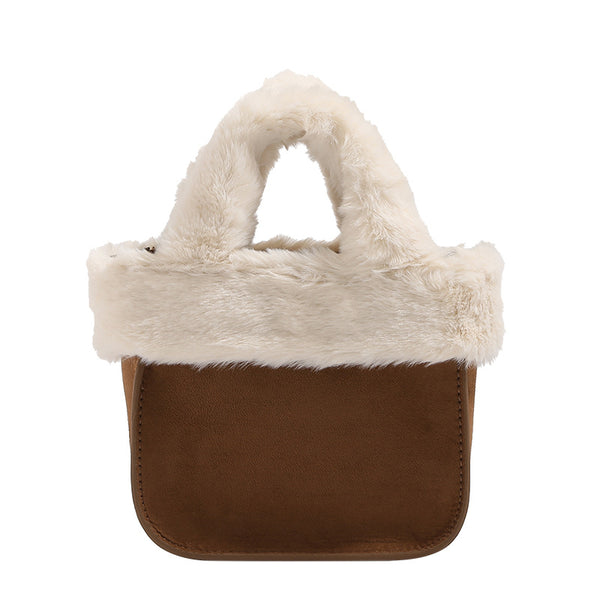 Mini structured handbag with cream faux-fur trim and suede-look textured body, shown with top handles and removable