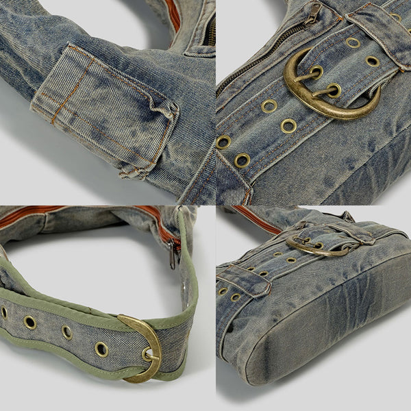 Washed blue-gray denim slouchy hobo shoulder bag with wide grommeted belt panel, brass-tone D-ring buckle, exterior zip