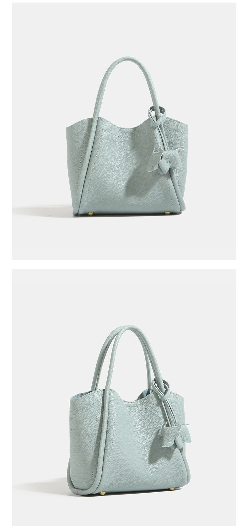 Small structured pebbled leather-look bucket tote bag with bow charm tie closure and gold-tone hardware, detail view 9